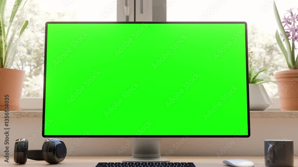 Poster computer all in one with a green screen monitor, highlighting a clean work environment with natural 