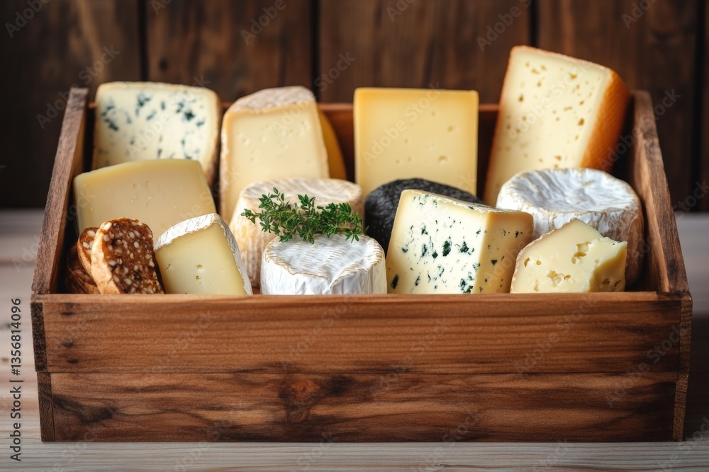 Poster Selection of artisanal cheeses displayed in a wooden crate on a rustic table