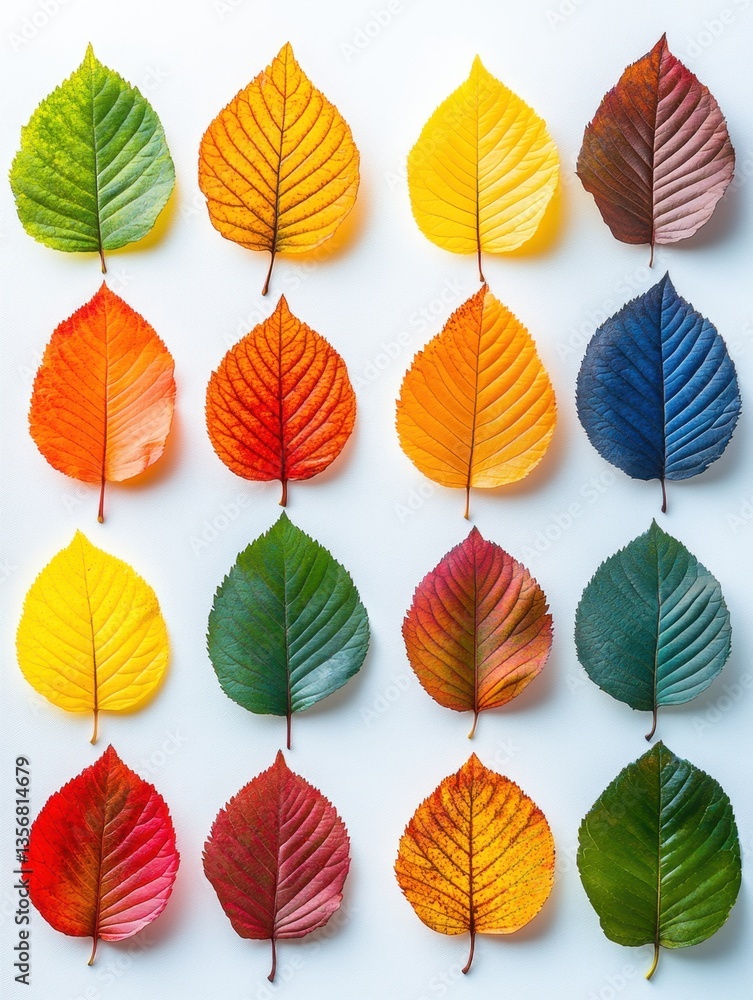 Poster autumnal symphony a captivating array of colorful leaves displayed on white backdrop shot in high an