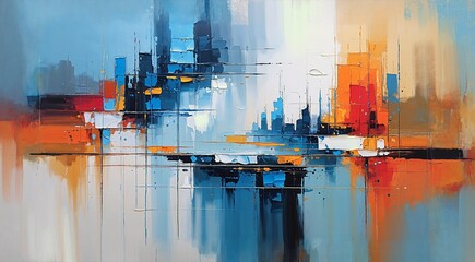 Dynamic cityscape-inspired abstract painting with bold strokes of blue, orange, and red, blending into a luminous skyline with reflections and structured geometric depth