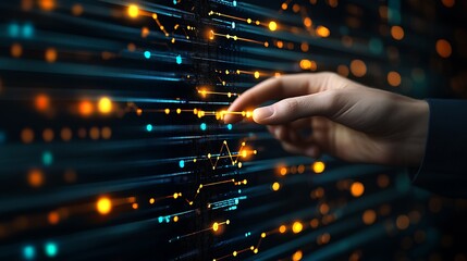 Hand interacting with digital data streams.