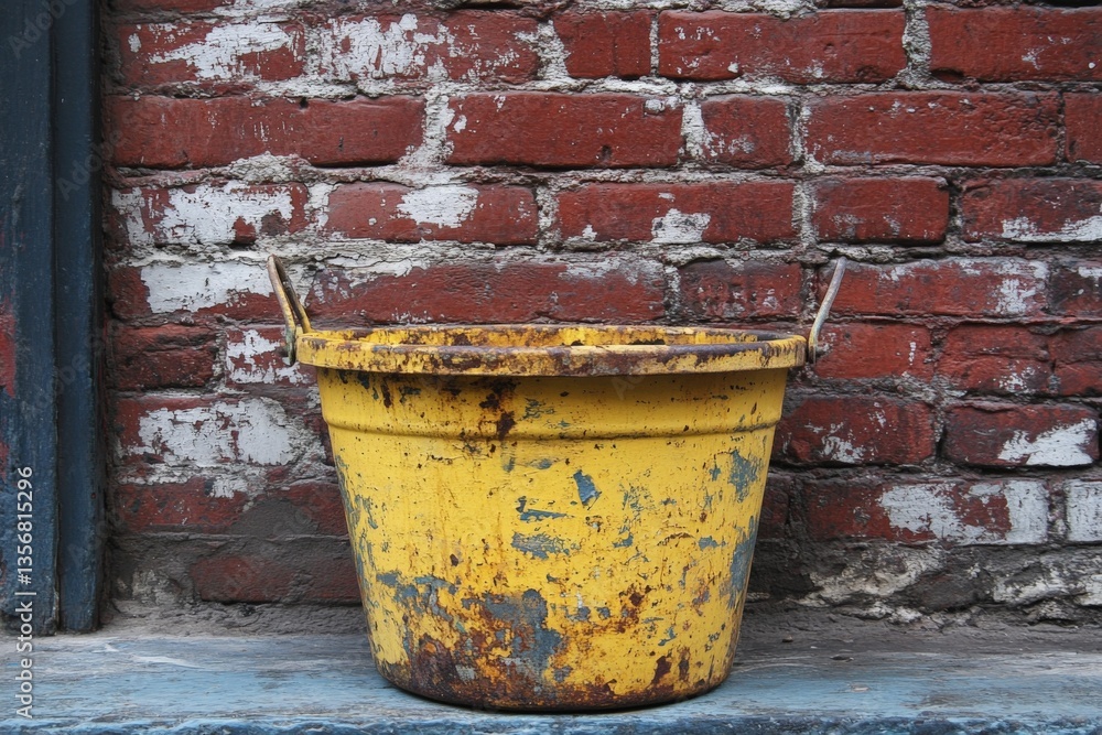 Poster old yellow bucket rests against a weathered brick wall in a rustic setting with a touch of nostalgia