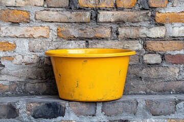 Fototapeta premium Bright yellow plastic bowl rests against a weathered brick wall in an urban setting during daylight hours