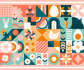 Wesołych Świąt Wielkanocnych - kolorowa mozaika z królikiem, jajkami i kwiatami. Wzór na kartki świąteczne, banery reklamowe lub grafiki do social media. © Monika