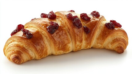 Delicious golden brown croissant adorned with ruby red dried cranberries on a pristine white surface offering a tempting treat perfect for breakfast