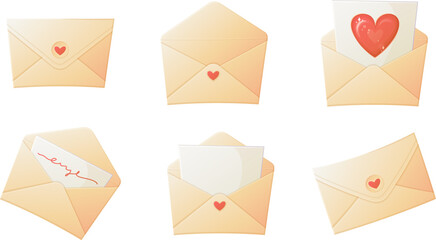 A vector illustration of six love-themed envelopes, some sealed and others open with letters inside. The envelopes feature heart-shaped seals and romantic handwritten messages, ideal for Valentine s D