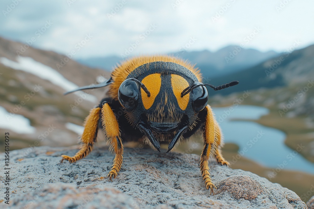 Poster close view of a large bee resting on a rock by a serene mountain lake during daylight hours
