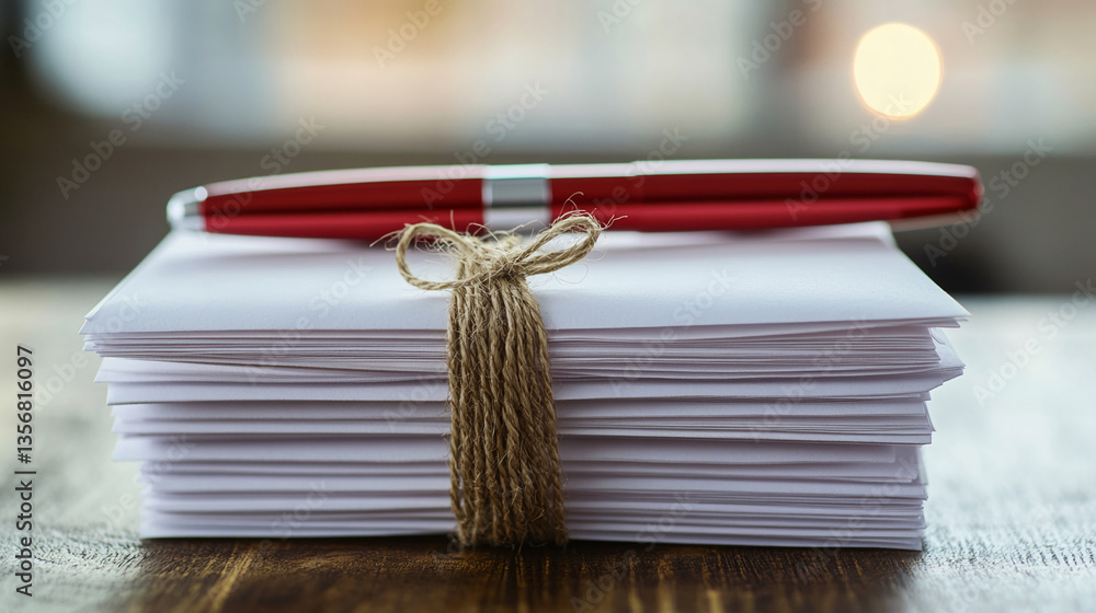 Poster stack of white envelopes tied with twine, red pen on top, suggesting correspondence or communication