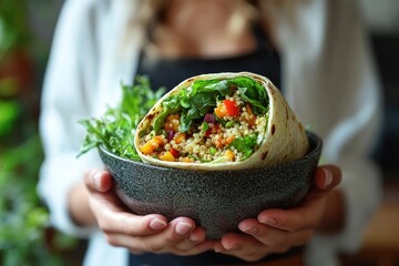 Freshly wrapped tortilla filled with vibrant vegetables and grai
