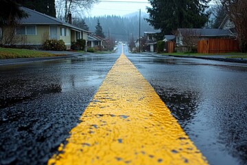 Rain-soaked street reflects cloudy skies in a quiet suburban neighborhood during early morning