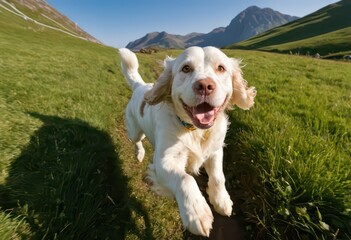 Clumber spaniel dog running happy on the field in the countryside, doggy playing outdoors in the nature between the mountains