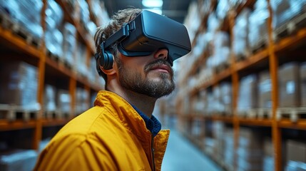 A warehouse employee wearing virtual reality goggles engages in inventory management within a well organized storage facility filled with boxes and pallets.