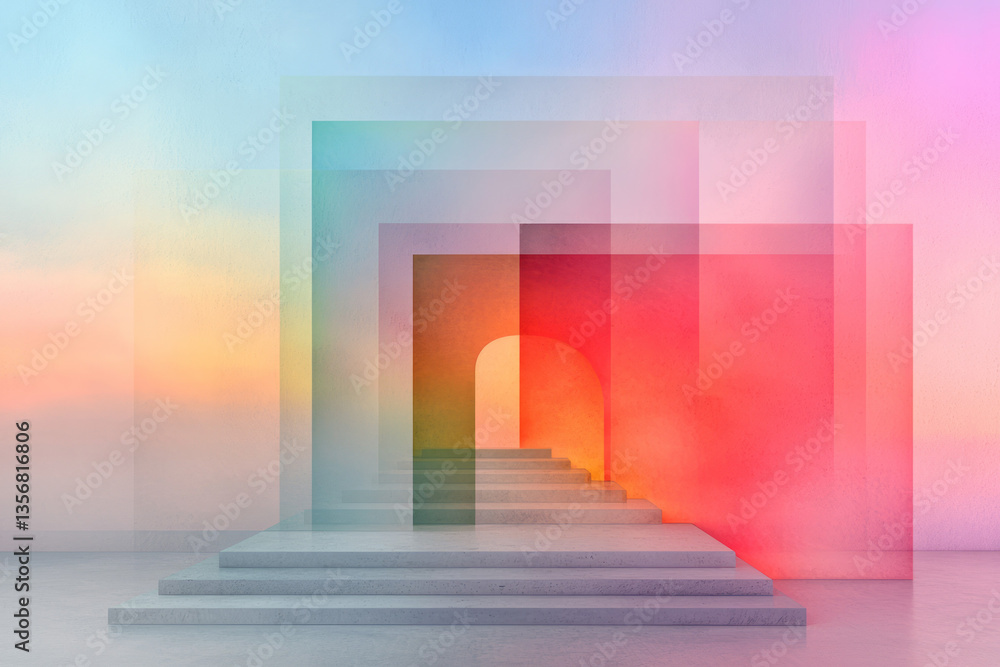 Poster a geometric abstraction where luminous blocks of light blend with modern architectural forms,