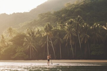 Sunset beach scene with lone figure wading through calm water, s