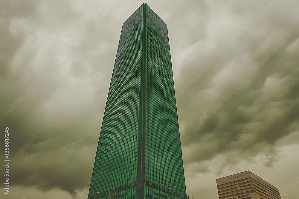 Poster dramatic low-angle view of a towering, emerald green skyscraper against a brooding, grey sky. the bu