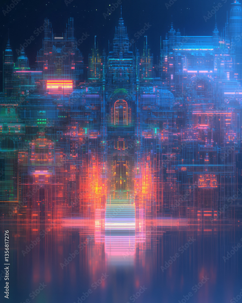Poster A vibrant symmetrical grid of neon digital elements, forming a balanced tech-inspired spectrum of