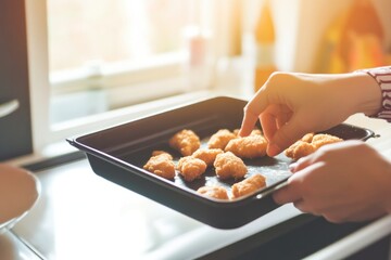 Freshly baked snacks being arranged on tray, warm light enhancin