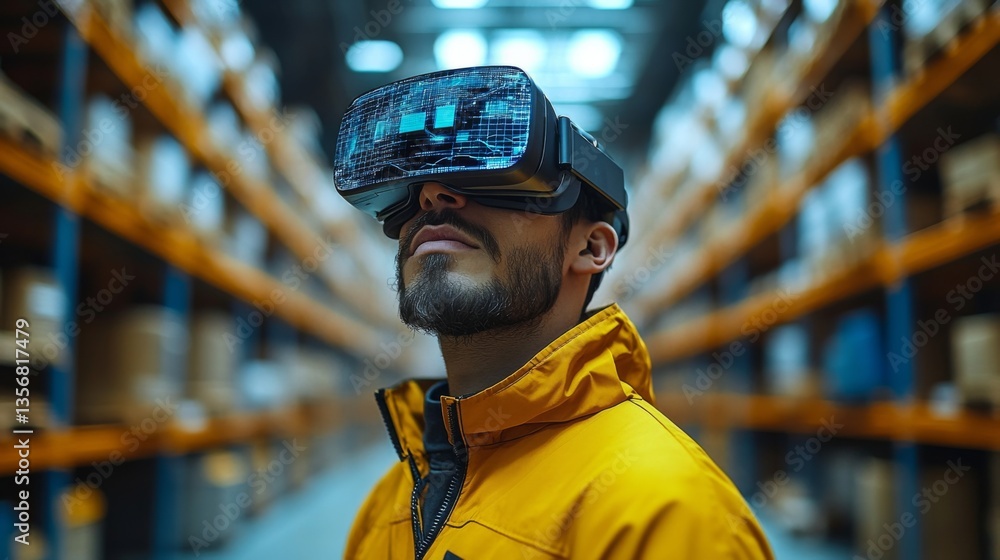 Poster a person wearing a virtual reality headset, engages with digital tools in a high tech warehouse desi