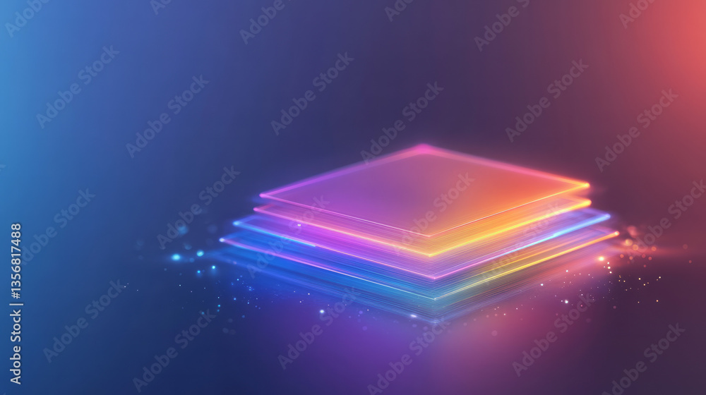 Poster A colorful layered matrix of symmetrical tech elements floating in glowing space,
