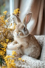 Cute rabbit sits beside jar, surrounded by vibrant yellow flower