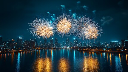 Fireworks display over city skyline at night (5)