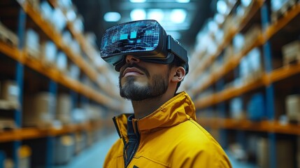A person wearing a virtual reality headset, engages with digital tools in a high tech warehouse designed for logistics and inventory organization during a busy operational period.