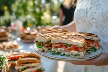 Freshly prepared sandwiches on plate, surrounded by vibrant outd