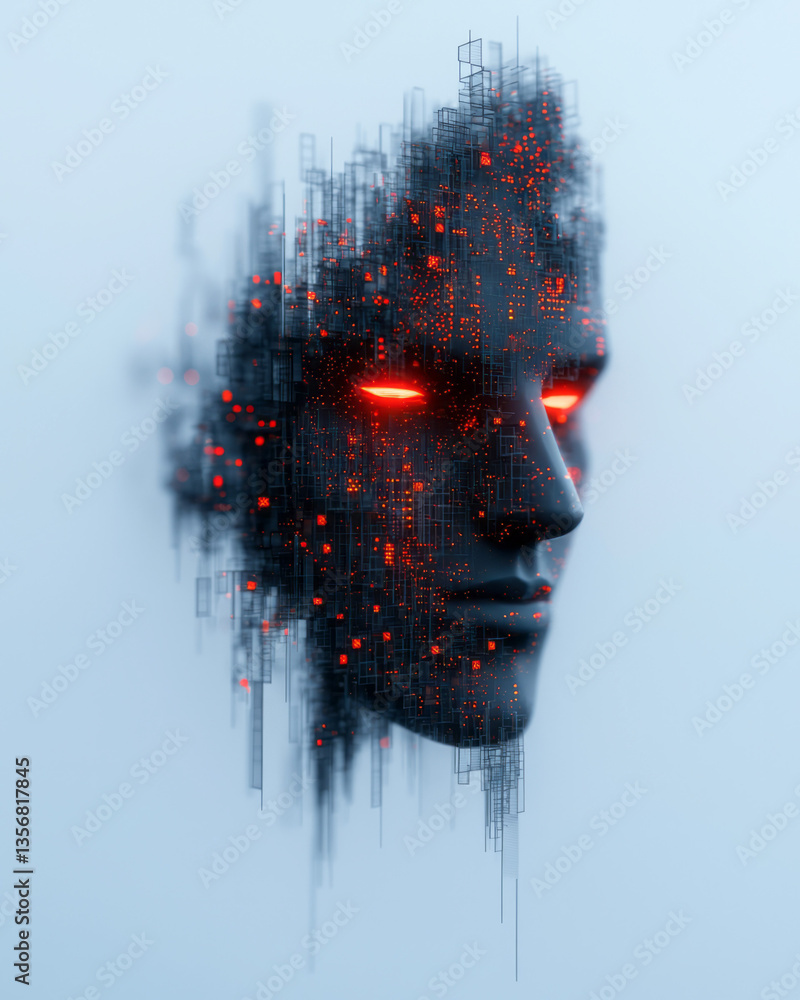 Poster A radiant symmetrical tech structure forming an abstract digital face from glowing geometric shapes,