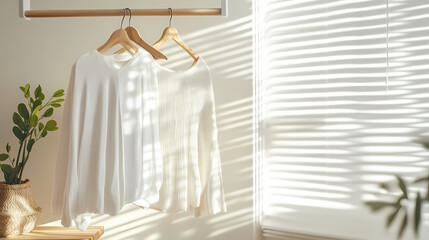 Minimalist Wardrobe: A serene composition featuring two neutral-toned garments elegantly displayed on wooden hangers, bathed in the soft interplay of sunlight filtering through blinds.