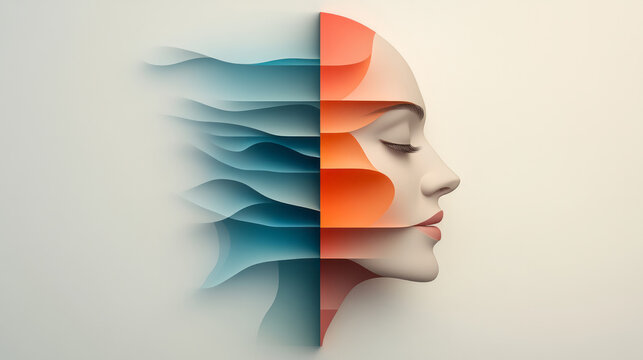 A 3D-rendered geometric expression of a human head, sliced into clean, colorful symmetrical layers, - Powered by Adobe