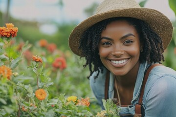 Smiling woman in sunhat tending to vibrant flowers in lush garde
