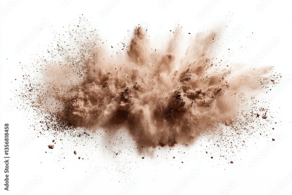 Poster dust cloud explosion with fine particles in motion against a white background