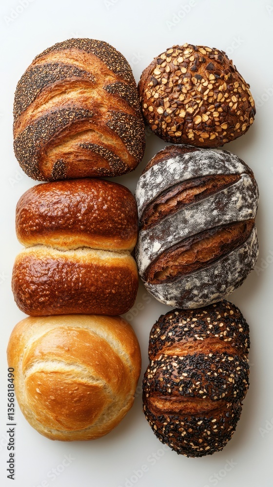 Poster assorted artisan bread loaves displayed on white background overhead shot capturing rustic texture a
