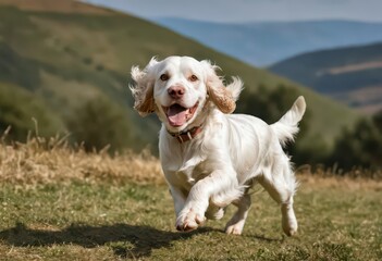 Clumber spaniel dog running outdoors in the countryside, on the mountains, doggy playing outdoor on alps, adorable pet in the nature