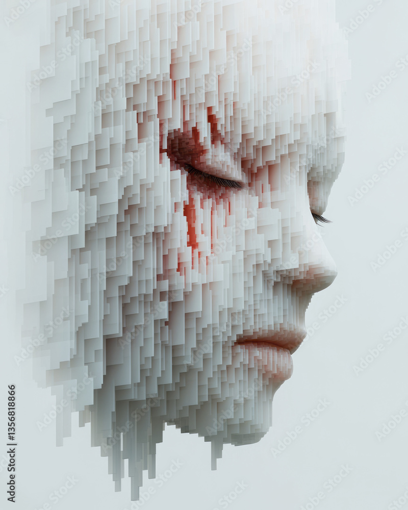Leinwandbilder a surreal digital rendering where a human face dissolves into intricate 3d geometries,