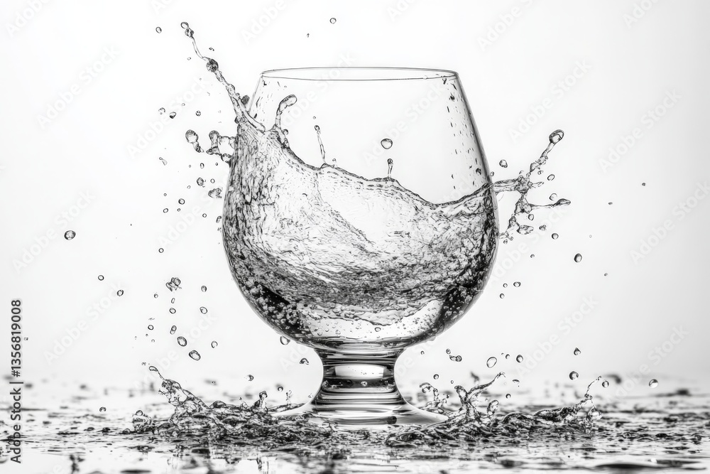 Poster water splashes from an elegant glass on a reflective surface in a bright setting