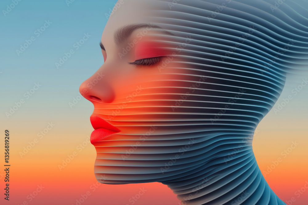 Aufkleber a bold tech-inspired head form, where geometric lines and color gradients define personality and