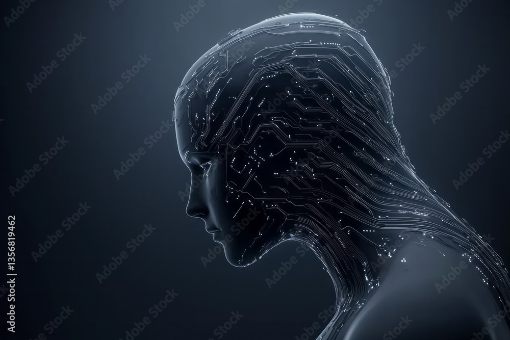 Aufkleber A minimalist head form with sharp-edged geometric features and glowing circuitry lines flowing