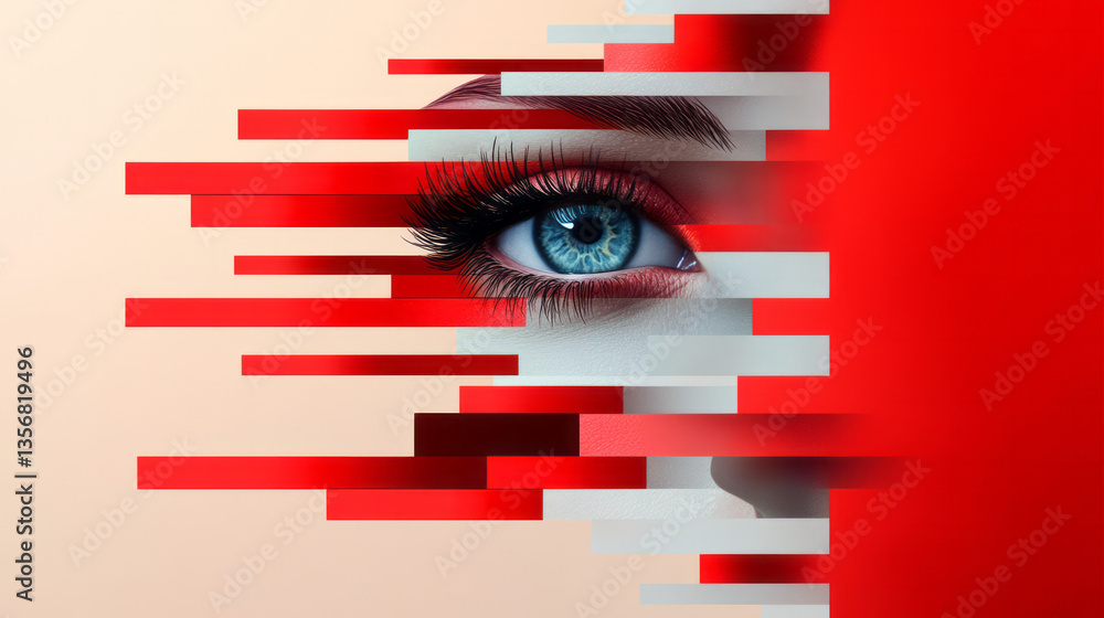 Poster a digital portrait where eyebrows, eyes, and lips are reduced to fractal-like forms in a grid-based