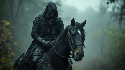 Fototapeta premium A black-hooded man leaning forward on his galloping horse, trees blurring in the background as the pair swiftly navigate the dense, shadowy forest. 