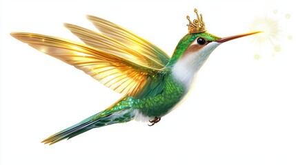 Obraz premium A colorful hummingbird with golden wings and a crown, symbolizing beauty and magic in nature.
