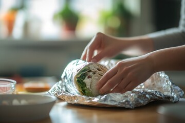 Hands skillfully wrap fresh ingredients in aluminum foil, showca