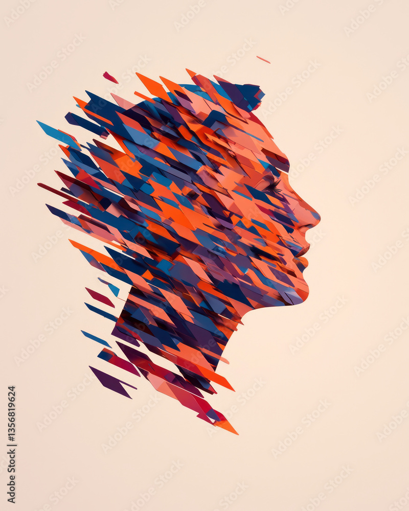 Aufkleber a floating abstract head surrounded by rotating geometric accents, rendered in vibrant metallic