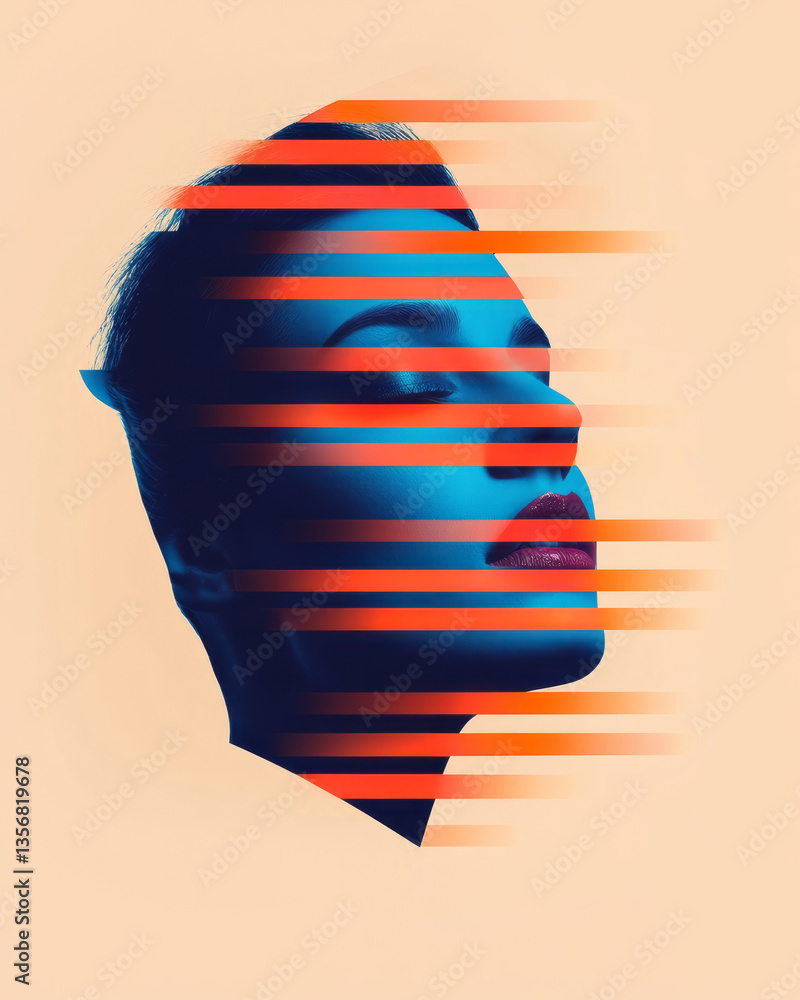 Aufkleber a floating abstract head surrounded by rotating geometric accents, rendered in vibrant metallic