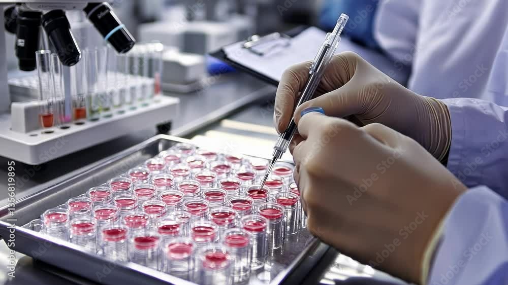 Poster laboratory technician in gloves handling pipette over tray of test tubes with red liquid, focusing o