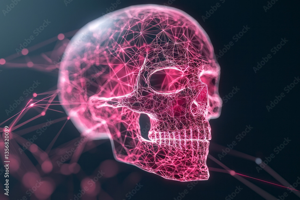 Aufkleber a luminous tech skull design composed of modular geometric units and color-shifting energy lines,