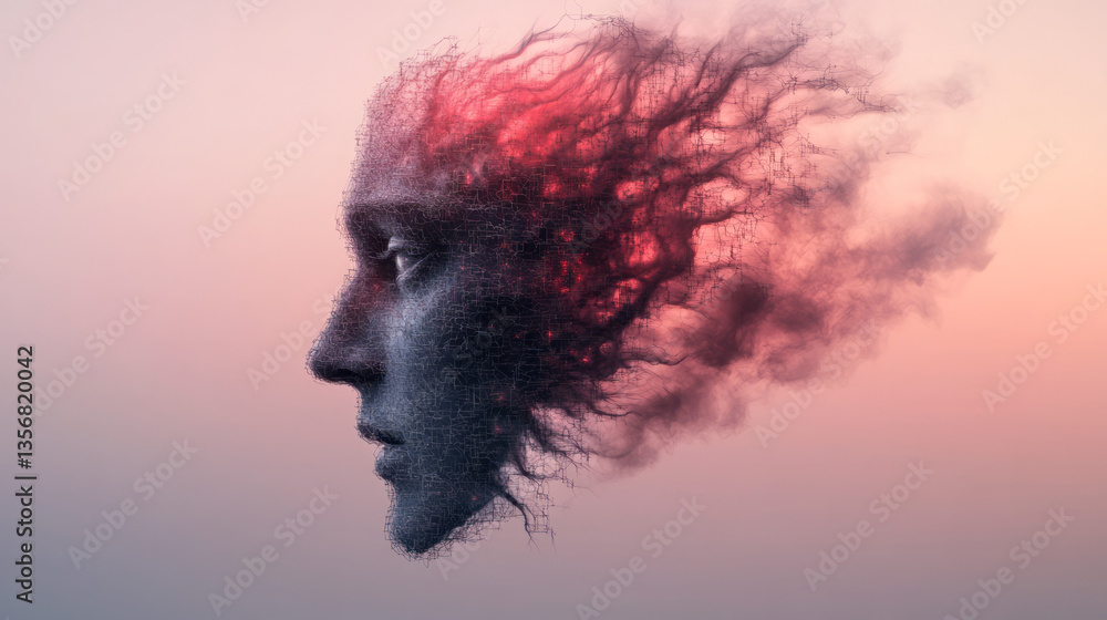 Poster An abstract head composition built from interlocking polygonal surfaces and soft ambient circuitry,