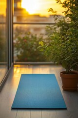 Calming yoga space with blue mat, lush greenery, and warm sunset
