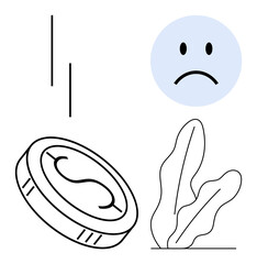 Coin falling in value, sad face expressing disappointment, and abstract leaves highlighting simplicity. Ideal for finance, economy, loss, budget, failure, sadness minimal flat simple metaphor