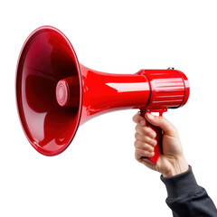 Hand hold red megaphone isolated on transparent background